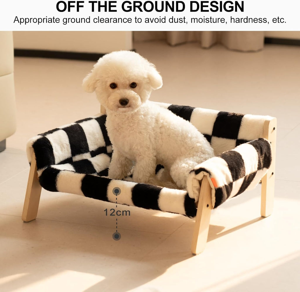 MEWOOFUN Raised Cat Bed With Wooden Legs - Sturdy Cat Sofa Holds 15kg, 56x45cm Soft Checkerboard Couch With Removable Washable Cover For Indoor Cats & Kittens