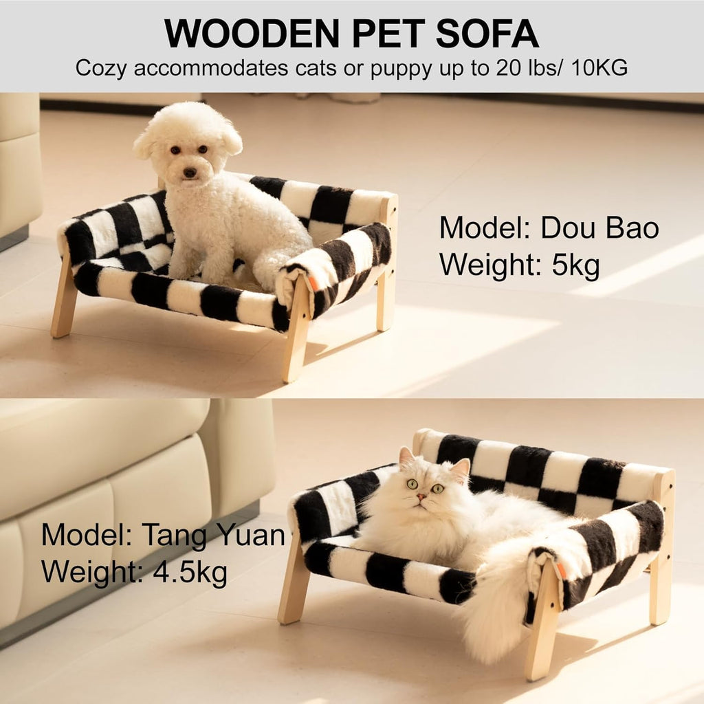 MEWOOFUN Raised Cat Bed With Wooden Legs - Sturdy Cat Sofa Holds 15kg, 56x45cm Soft Checkerboard Couch With Removable Washable Cover For Indoor Cats & Kittens