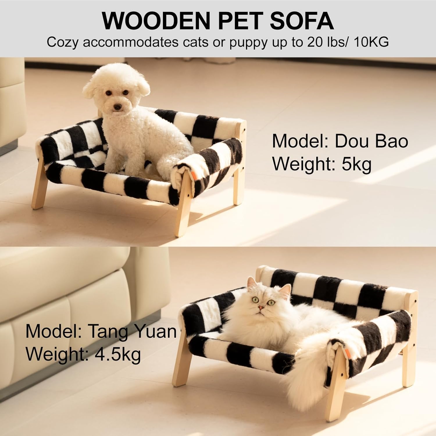 MEWOOFUN Raised Cat Bed With Wooden Legs - Sturdy Cat Sofa Holds 15kg, 56x45cm Soft Checkerboard Couch With Removable Washable Cover For Indoor Cats & Kittens