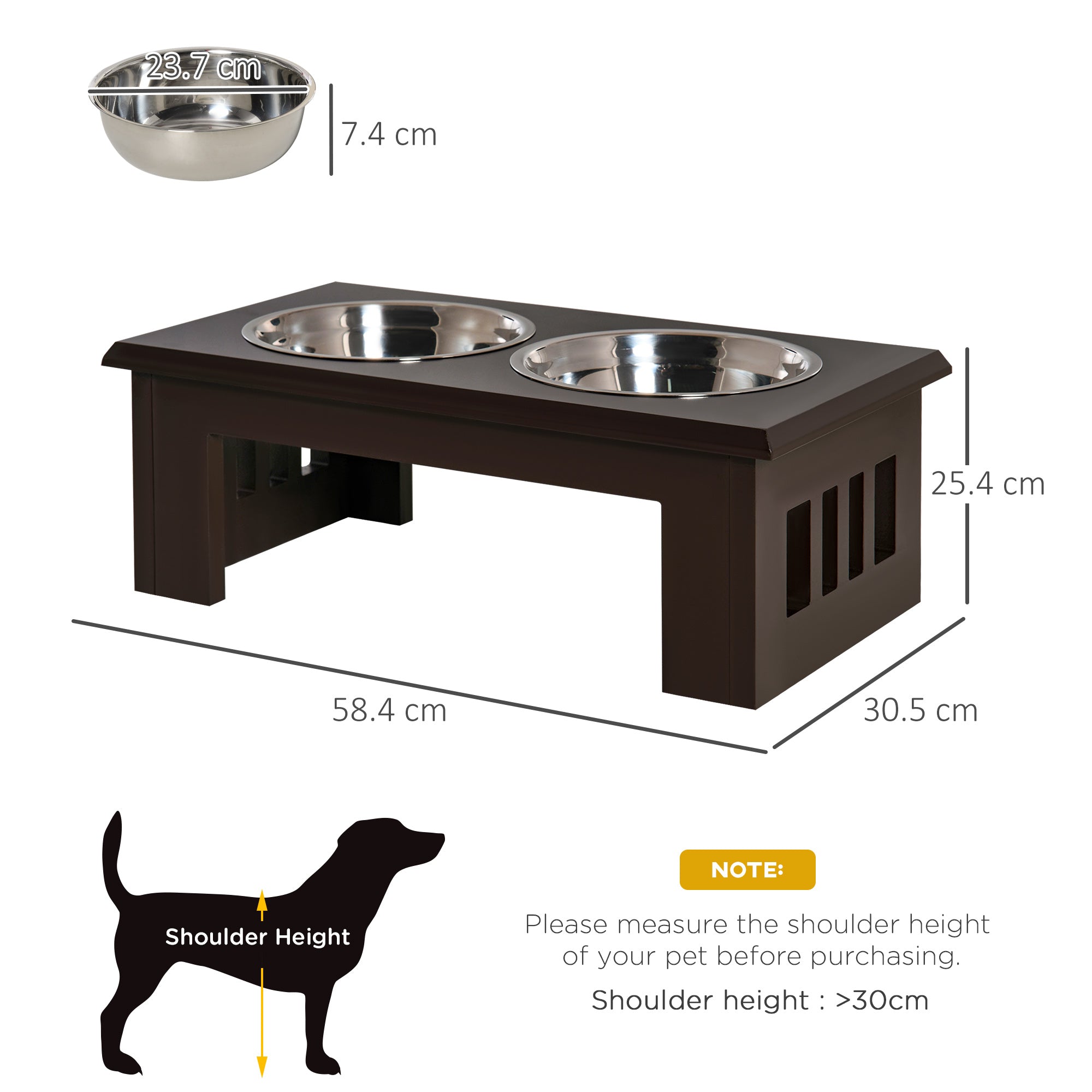 PawHut Raised Dog Feeding Bowls With Stand, Stainless Steel For Medium Dog, 58L X 31W X 25H Cm - Brown