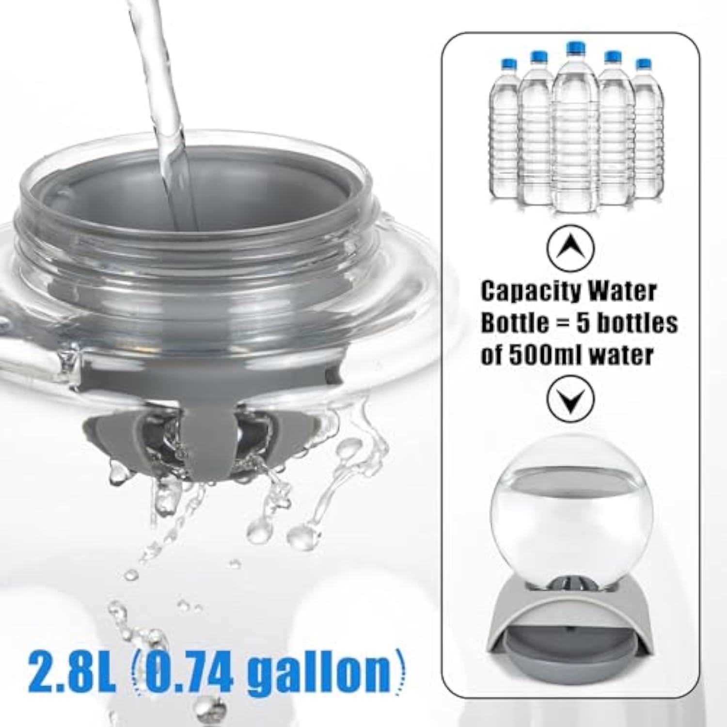 Pet Water Dispenser 2.8L Automatic Gravity Cat Water Dispenser For Cats  Dogs & Rabbit  Detachable Cat Dog Water Dish Feeder With Spherical Waterer Bubble